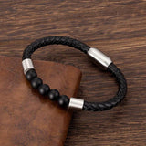 Men's Multilayer Leather Beads Bracelet Stainless Steel Clasp Bangle
