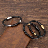 Men's Multilayer Leather Beads Bracelet Stainless Steel Clasp Bangle