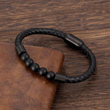 Men's Multilayer Leather Beads Bracelet Stainless Steel Clasp Bangle