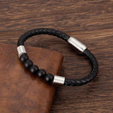 Men's Multilayer Leather Beads Bracelet Stainless Steel Clasp Bangle