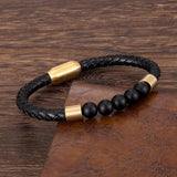 Men's Multilayer Leather Beads Bracelet Stainless Steel Clasp Bangle