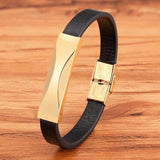Geometric Steel Bracelet Magnetic Clasp Mens Leather Bangle