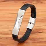 Geometric Steel Bracelet Magnetic Clasp Mens Leather Bangle