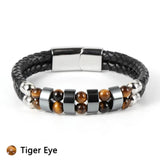 Men Leather Cuff Bracelets Stainless Steel Buckle Map Stone Hematite Beads