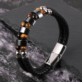 Men Leather Cuff Bracelets Stainless Steel Buckle Map Stone Hematite Beads