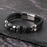 Men Leather Cuff Bracelets Stainless Steel Buckle Map Stone Hematite Beads