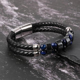 Men Leather Cuff Bracelets Stainless Steel Buckle Map Stone Hematite Beads