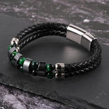 Men Leather Cuff Bracelets Stainless Steel Buckle Map Stone Hematite Beads