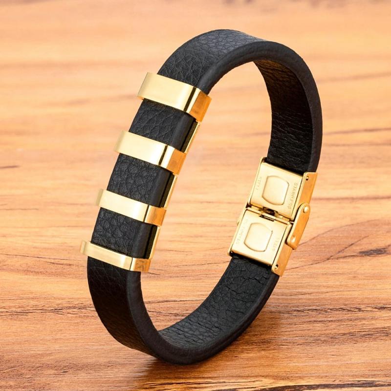Men's Leather Bracelet Stainless Steel Buckle Charm Bangle 4 Colors