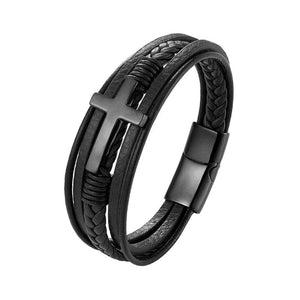 Braided Leather Bracelet Men's Cuff Christian Cross Bangle