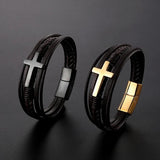 Braided Leather Bracelet Men's Cuff Christian Cross Bangle