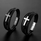 Braided Leather Bracelet Men's Cuff Christian Cross Bangle