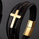 Braided Leather Bracelet Men's Cuff Christian Cross Bangle