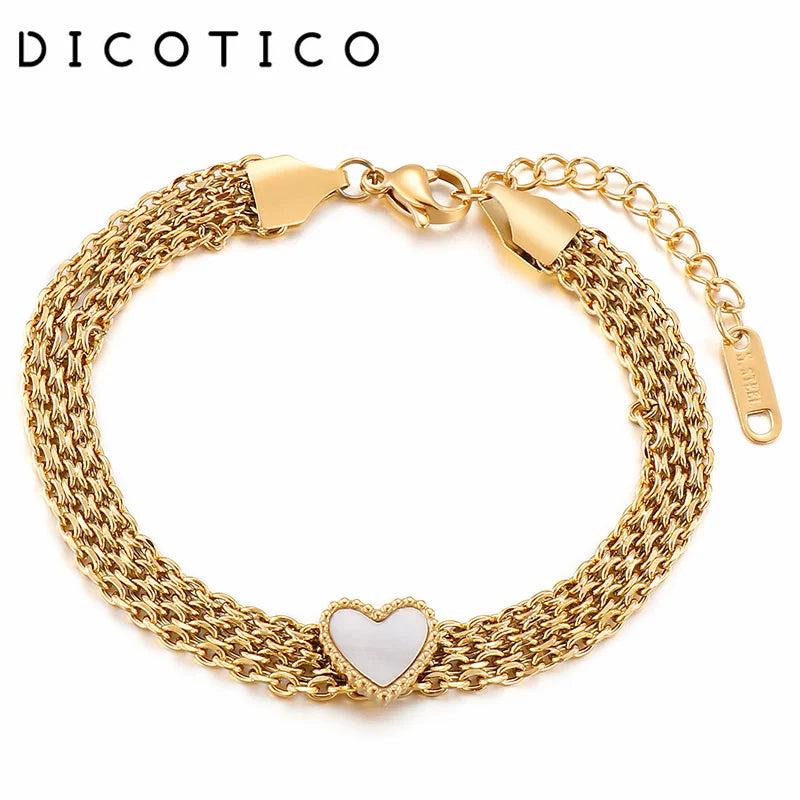 DICOTICO Link Chain Bracelet Shell Heart Stainless Steel Women Jewelry