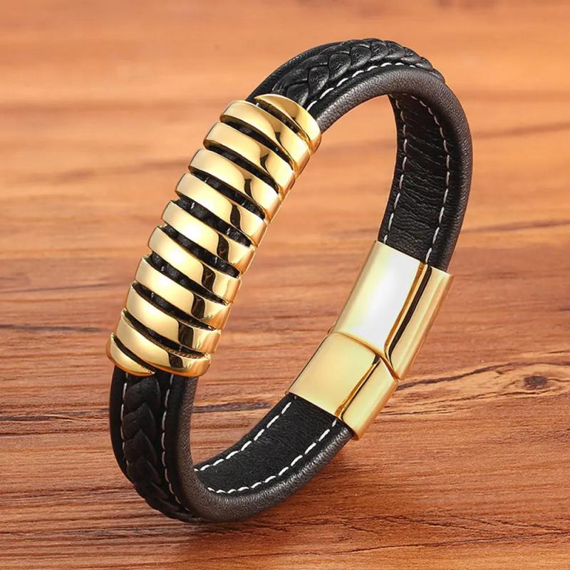 Punk Leather Bracelet with Stainless Steel Clasp