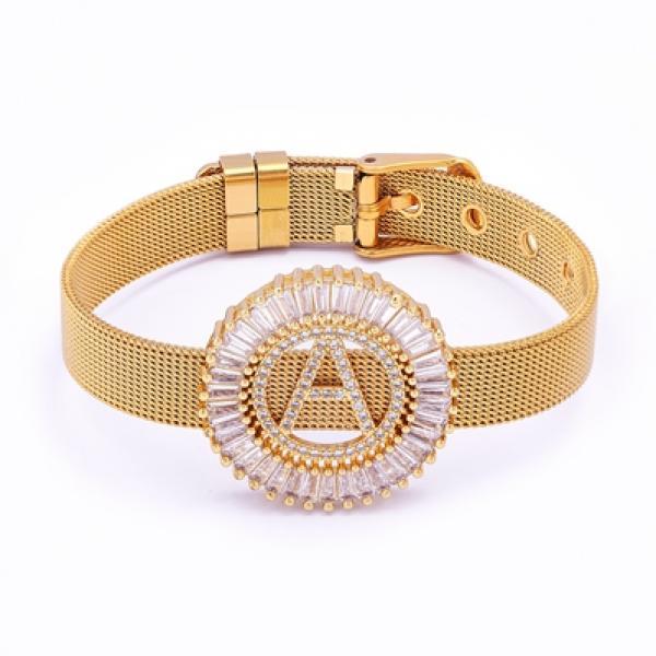 Zircon 26 A-Z Letters Watch Belt Bracelet Copper Steel Chain Bangle