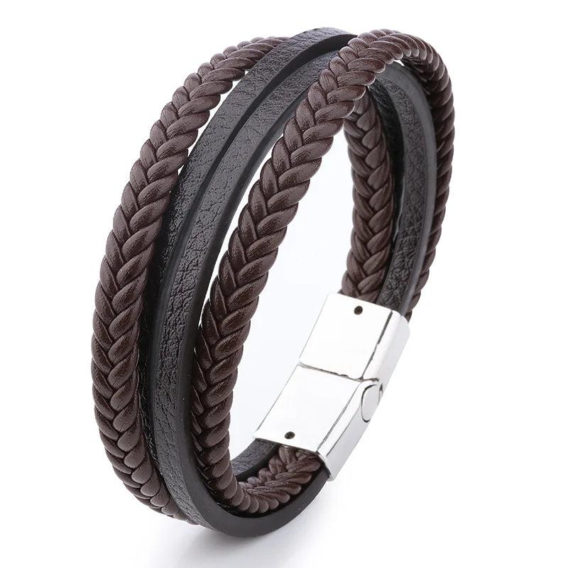 Men's Leather Braided Bracelet in Black/Brown with Magnetic Clasp