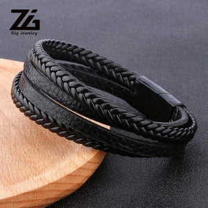 Men's Leather Braided Bracelet in Black/Brown with Magnetic Clasp
