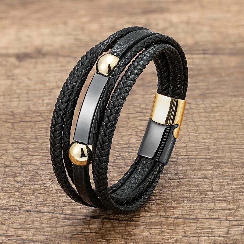Stainless Steel Men's Leather Bracelet with Punk Style Woven Rope Wrapping