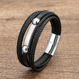 Stainless Steel Men's Leather Bracelet with Punk Style Woven Rope Wrapping