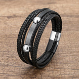 Stainless Steel Men's Leather Bracelet with Punk Style Woven Rope Wrapping