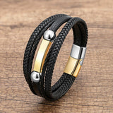 Stainless Steel Men's Leather Bracelet with Punk Style Woven Rope Wrapping