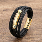 Stainless Steel Men's Leather Bracelet with Punk Style Woven Rope Wrapping