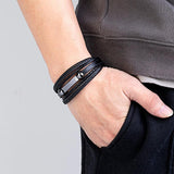 Stainless Steel Men's Leather Bracelet with Punk Style Woven Rope Wrapping