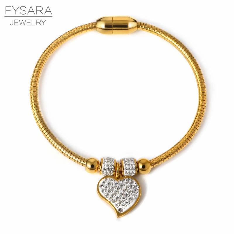 Vintage Heart Charm Bracelet with Crystals Stainless Steel Snake Chain