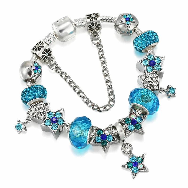 Silver Plated Charm Bracelet With Star Beads Pendant For Women DIY