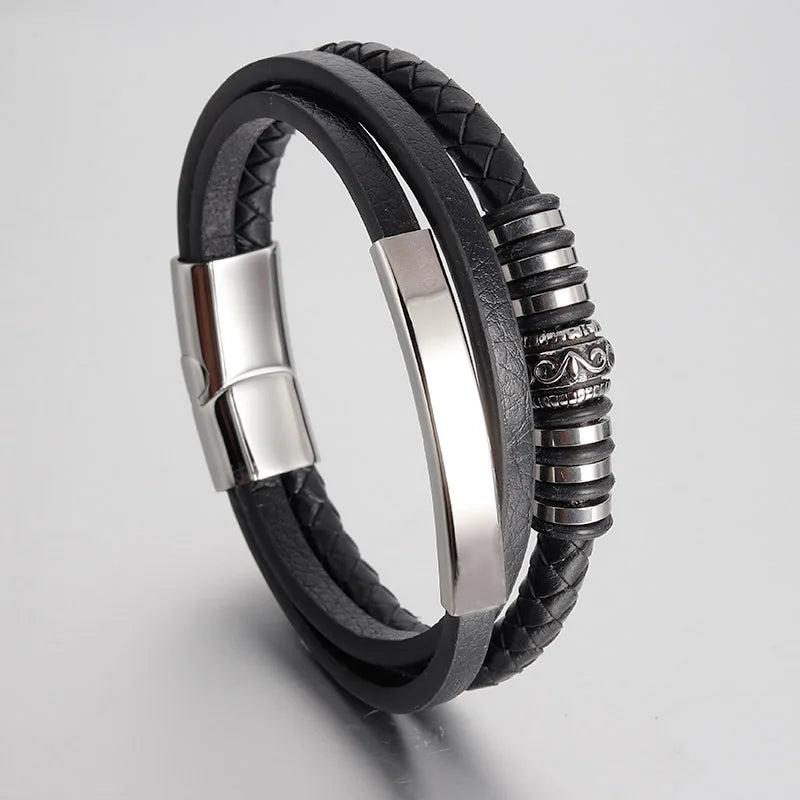 Men Leather Bracelet Multilayer Chain Stainless Steel Magnetic Clasp