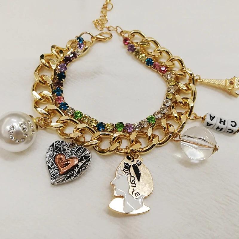 Crystal Letter Pearl Charm Bracelet for Women