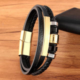 Multilayer Braided Leather Stainless Steel Men Bracelet