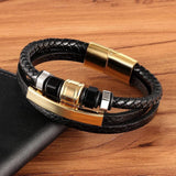 Multilayer Braided Leather Stainless Steel Men Bracelet