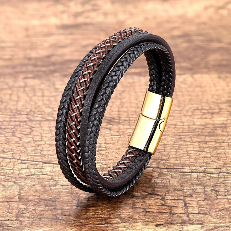 Men's Hand-Woven Leather Bracelet Stainless Steel Charm Bangle