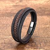 Men's Hand-Woven Leather Bracelet Stainless Steel Charm Bangle
