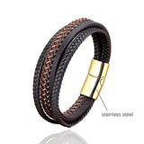 Men's Hand-Woven Leather Bracelet Stainless Steel Charm Bangle