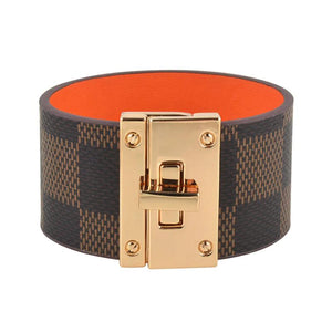 Checkerboard Cowhide Leather Bracelet Bangle Magnetic Snap Charm Jewelry