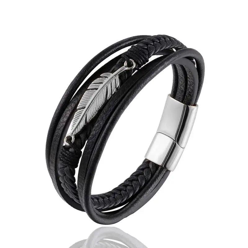 Men's Leather Feather Shape Bracelet Stainless Steel Gift