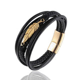 Men's Leather Feather Shape Bracelet Stainless Steel Gift
