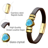 Sweet Heart Pendant Leather Chain Bracelet For Women Charm Glass Crystal Bangle