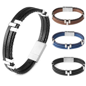 Men Leather Bracelet Stainless Steel Vintage Wristband
