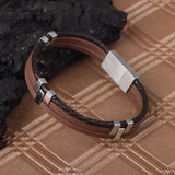 Men Leather Bracelet Stainless Steel Vintage Wristband