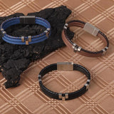 Men Leather Bracelet Stainless Steel Vintage Wristband