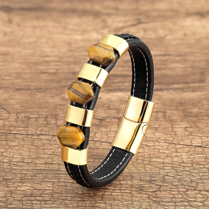 Tiger Eye Stone Bracelet Leather Rope Stainless Steel Charm Men Women Jewelry