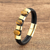 Tiger Eye Stone Bracelet Leather Rope Stainless Steel Charm Men Women Jewelry