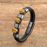 Tiger Eye Stone Bracelet Leather Rope Stainless Steel Charm Men Women Jewelry