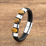 Tiger Eye Stone Bracelet Leather Rope Stainless Steel Charm Men Women Jewelry