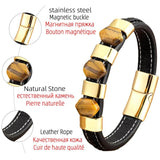 Tiger Eye Stone Bracelet Leather Rope Stainless Steel Charm Men Women Jewelry