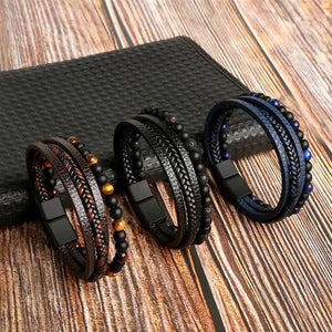 Tiger Eye Beaded Leather Bracelet for Men